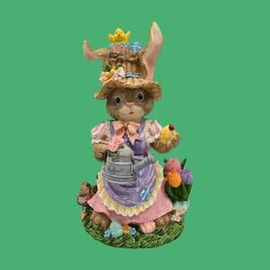 Dressed Rabbit VTG Figurine Easter Spring Cottage Decor Eggs Watering Can Tulips